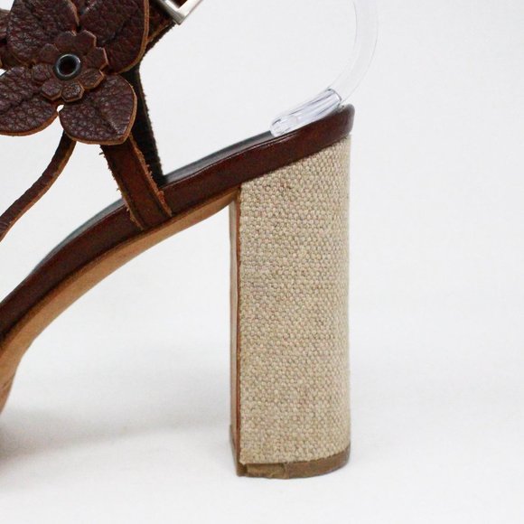 PRADA #41545-R Brown Leather Flower Heeled Sandals (US 6 EU 36) - Picture 5 of 9